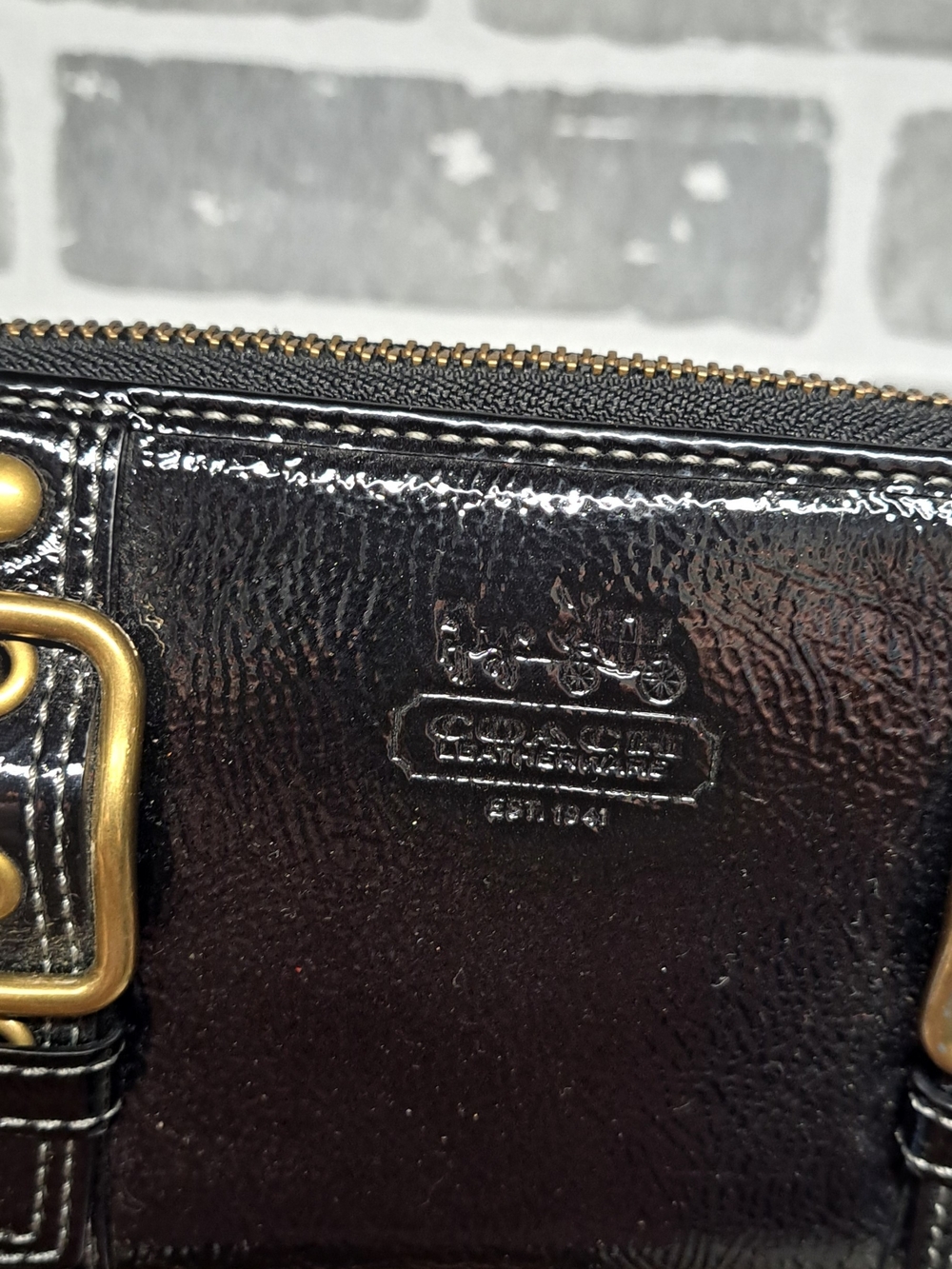 Coach Black Patent Leather Zip Wallet with Brass Buckle Accents - Picture 2 of 8